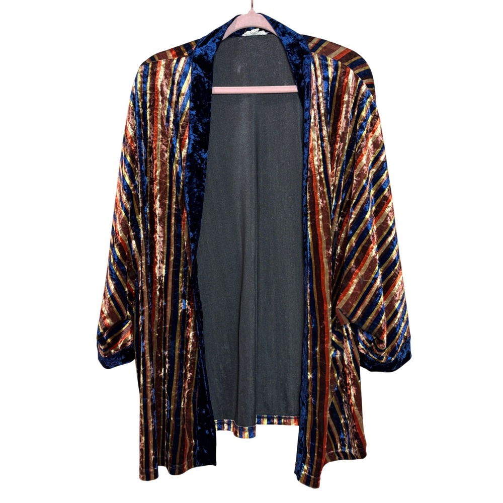 MAIN STRIP Crushed Velvet Striped Kimono Jacket Cardigan Blue Gold Rich S